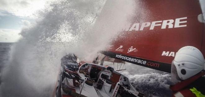 onboard MAPFRE. Waves crash on the bow of the boat in the Pacific Ocean with Xabi Fernandez at the helm - Leg 4 to Auckland -  Volvo Ocean Race 2015 © Francisco Vignale/Mapfre/Volvo Ocean Race